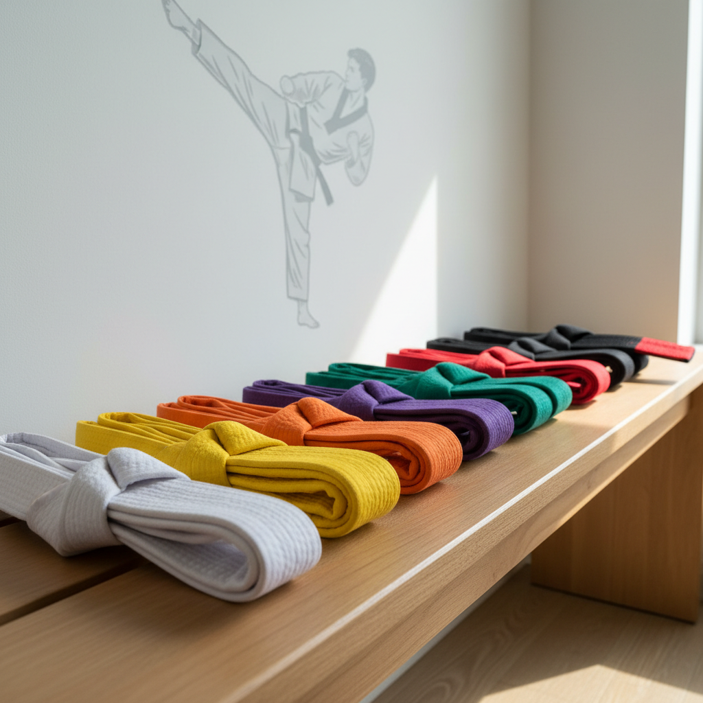 A series of colorful Taekwondo belts—white through black—displayed in a precise, ascending line across a light wooden bench, each belt folded identically to show its rich weave and distinct hue. Behind the bench, a simple white wall features a faint, tasteful graphic of a Taekwondo kick in monochrome gray, barely visible but adding context. Late afternoon light from a nearby window washes across the belts, sharpening their colors and creating subtle, realistic shadows between folds. Photographic realism, shot from a low, side angle so the belts lead the viewer’s eye into the frame, symbolizing progression, growth, and the structured journey from beginner to mastery in a calm, organized setting.