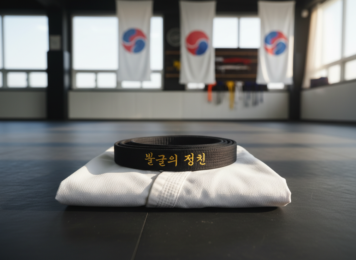 A neatly folded, crisp white Taekwondo dobok with a deep black belt coiled precisely on top, embroidered with small gold Korean characters symbolizing “Indomitable Spirit.” The uniform rests on a clean, matte black training mat inside a modern dojang. In the background, out of focus, hang vertical banners with subtle red and blue Taekwondo insignias and a wall-mounted wooden belt display. Soft morning light enters from high windows, creating gentle highlights on the dobok’s textured cotton fabric and faint shadows along the mat seams. Photographic realism, eye-level composition with shallow depth of field, conveying professionalism, discipline, and quiet focus in a calm, minimal, high-contrast environment.