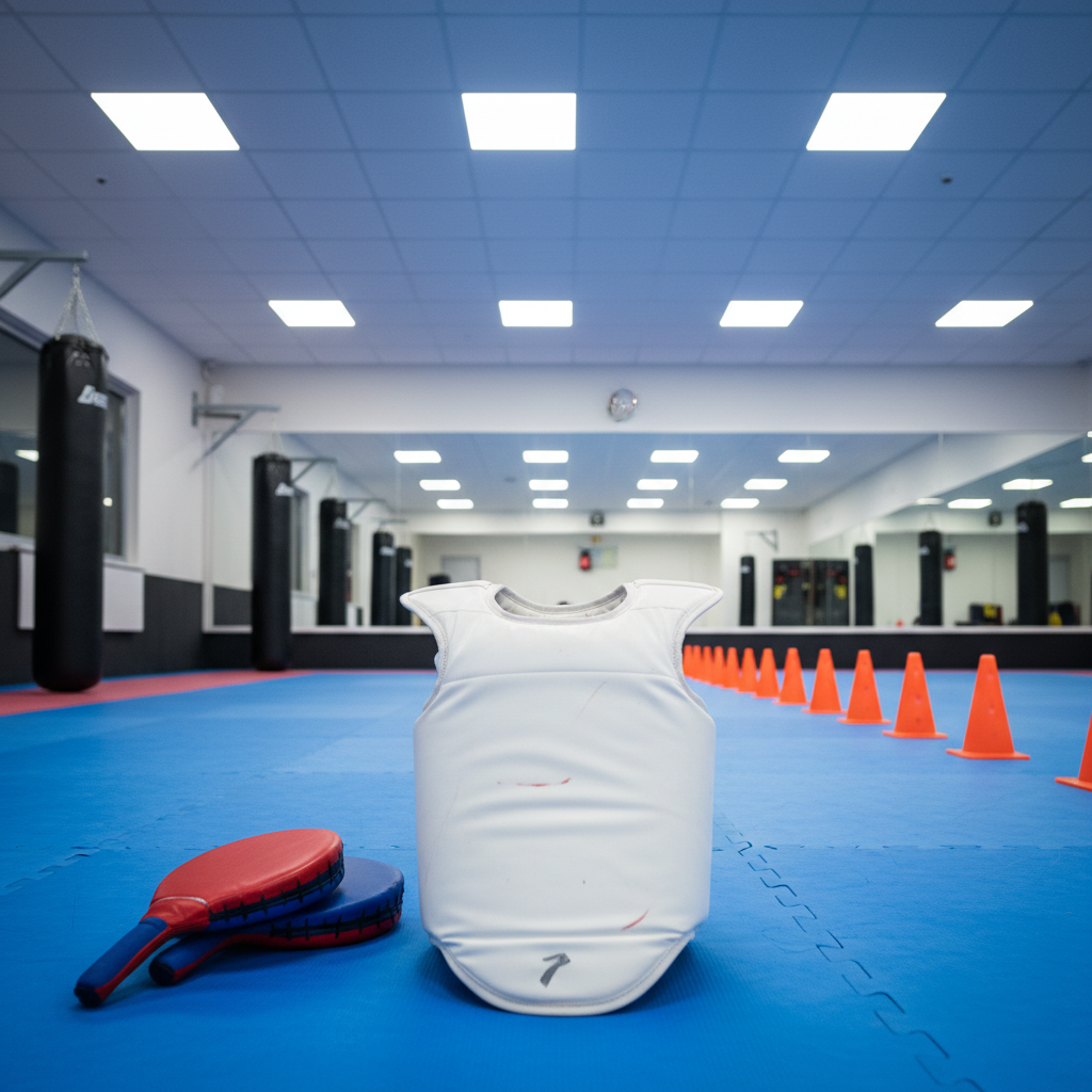 A pristine white Taekwondo chest protector (hogu) and matching red and blue focus paddles arranged neatly at the edge of a large, clean dojang. The hogu’s smooth synthetic surface has subtle scuffs from training, resting on interlocking blue mats with a visible puzzle pattern. In the midground, free-standing kicking bags and a line of cone markers recede toward a mirrored wall. Bright but soft overhead lighting creates crisp, realistic detail without harsh glare, illuminating the equipment and casting gentle, directional shadows. Photographic realism with a wide-angle, low-perspective shot that emphasizes depth and space, conveying a professional, well-maintained training environment that feels inviting yet serious and performance-focused.
