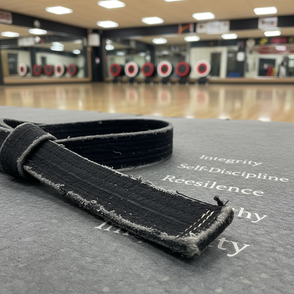 A close-up of a well-worn black Taekwondo belt laid diagonally across a textured gray mat, the frayed edges and faded stitching clearly visible, with the words “Integrity,” “Self-Discipline,” “Resilience,” and “Empathy” subtly printed along the mat surface in soft white lettering. The background transitions into a blurred glimpse of a bright, orderly training hall with mirrored walls and evenly spaced kicking targets. Overhead LED lights cast even, diffused illumination, creating realistic shadows under the belt and a subtle reflection on the polished floor beyond. Photographic realism, shot from a slightly elevated angle with strong focus on the belt’s texture, evoking dedication, perseverance, and the lifelong journey of martial arts training.