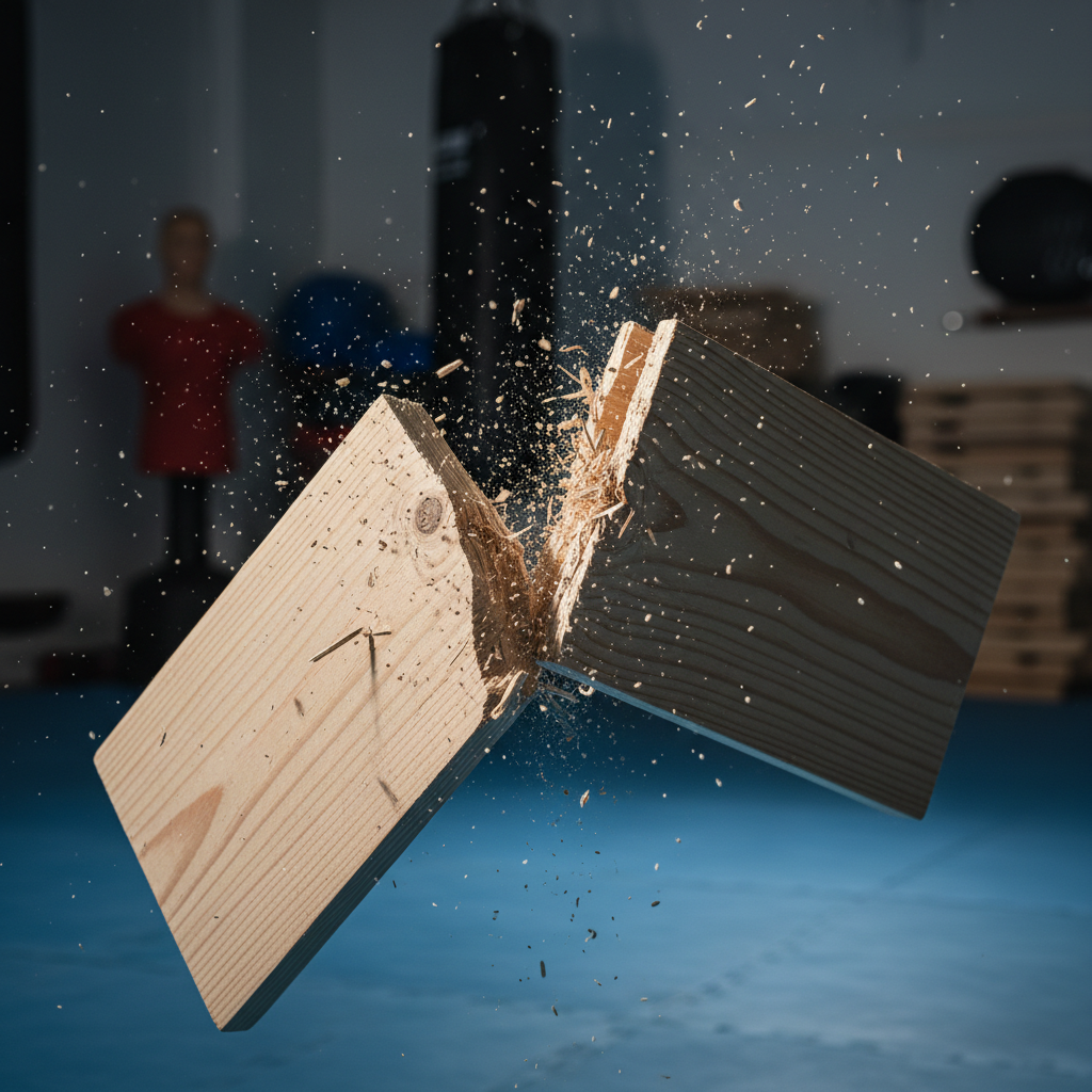 A detailed close-up of a Taekwondo wooden breaking board mid-impact, frozen in time as it splits cleanly into two pieces, fine splinters and wood fibers sharply visible against a softly blurred dojang background. The board’s pale grain contrasts with the muted blue of floor mats and the distant shapes of training equipment. Studio-style directional lighting from the side emphasizes the texture of the fractured wood, casting dramatic, realistic shadows that accentuate the power of the moment. Photographic realism with a fast shutter, high-contrast composition and shallow depth of field, creating a dynamic, energetic atmosphere that highlights focus, strength, and the breakthrough symbolism of testing in Taekwondo.