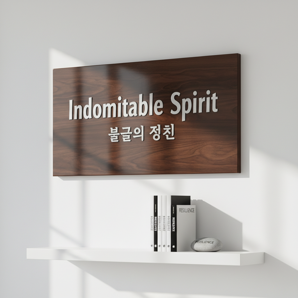 A polished wooden plaque engraved with the words “Indomitable Spirit” in both English and Hangul, mounted on a smooth white wall inside a Taekwondo academy office. The dark walnut grain of the plaque is rich and detailed, with metallic silver lettering catching the light. Below it on a minimalist white shelf rests a neatly stacked trio of martial arts training manuals and a small, symbolic stone with the word “Resilience” etched into it. Soft, directional window light from the side creates refined shadows and highlights the engraving. Photographic realism, composed with the plaque slightly off-center following the rule of thirds, evoking a professional, reflective, and aspirational atmosphere that underscores the academy’s values.